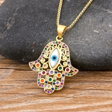 Multicolored evil eye and Hamsa hand protection pendant necklace 