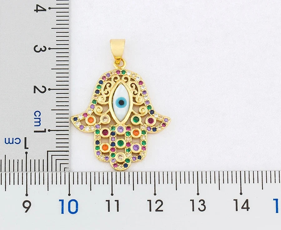 Multicolored evil eye and Hamsa hand protection pendant necklace 