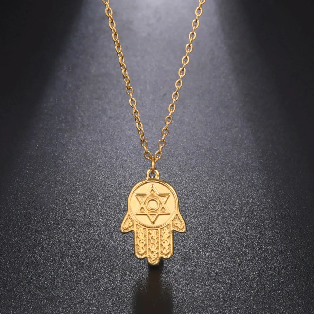 Collier avec pendentif de protection étoile de David et main de Fatma juif or