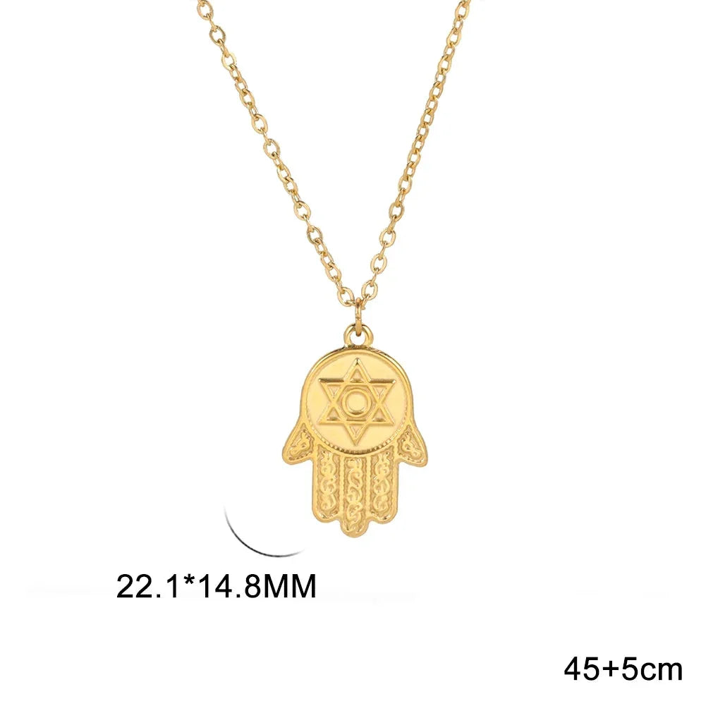 Collier avec pendentif de protection étoile de David et main de Fatma juif or