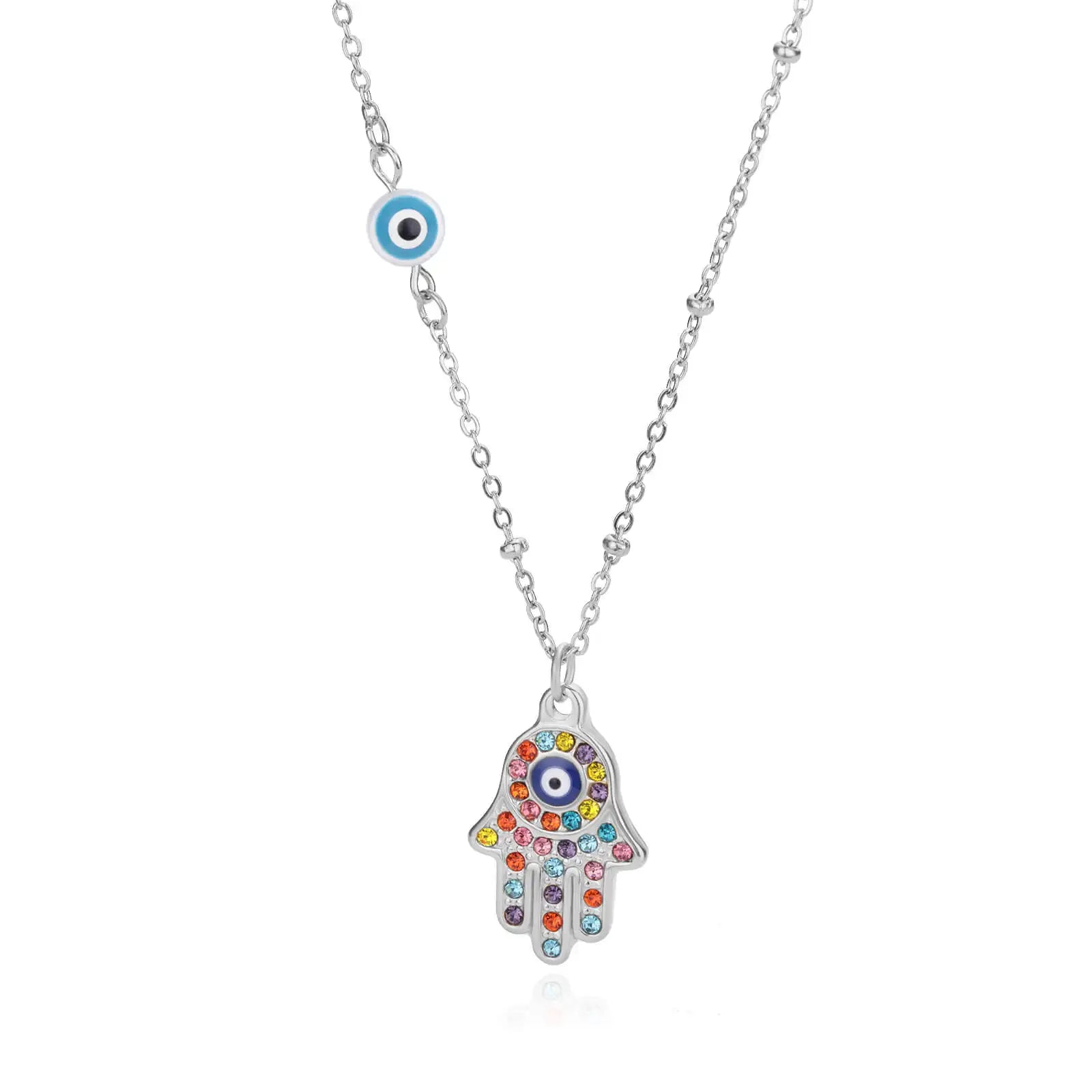 Collier avec pendentif de protection contre le mauvais œil et main de Fatma multicolore arabe argent