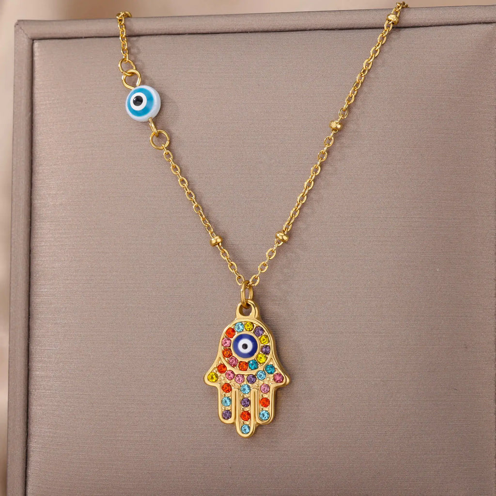 Collier avec pendentif de protection contre le mauvais œil et main de Fatma multicolore arabe or