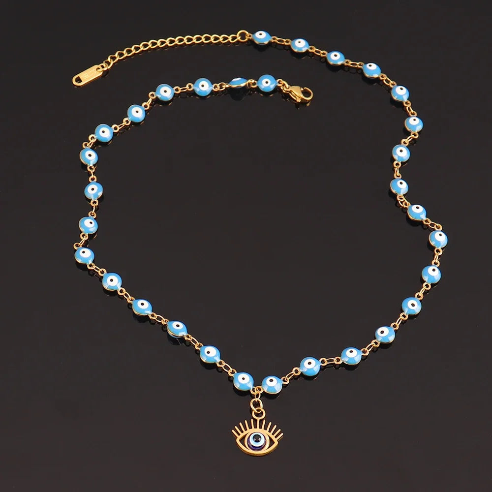 Pearl Necklace with Blue Eye Pendant Style 1