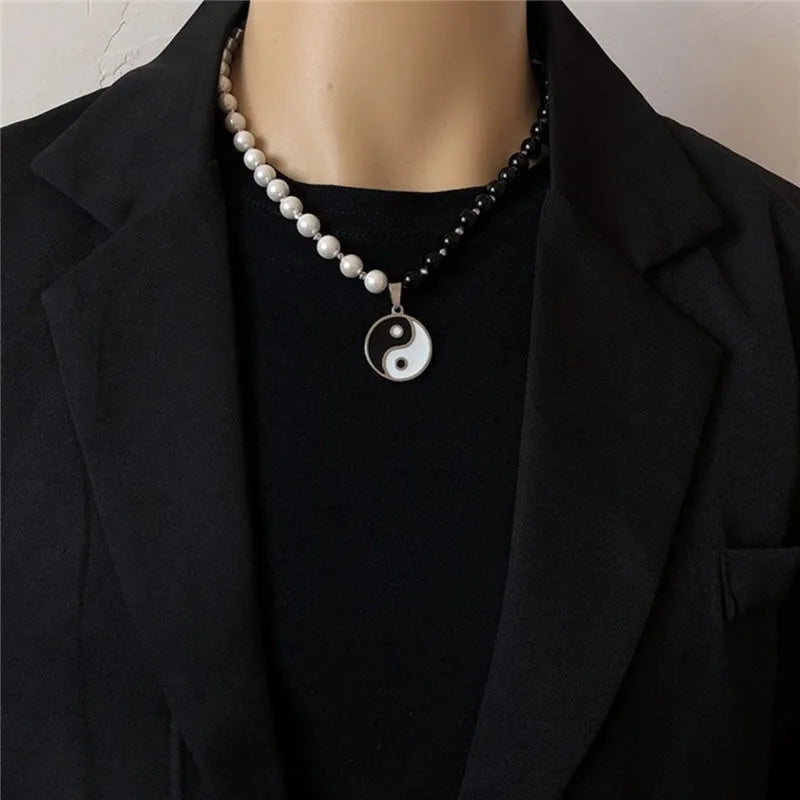 Necklace with Black and White Yin Yang Bead Pendant