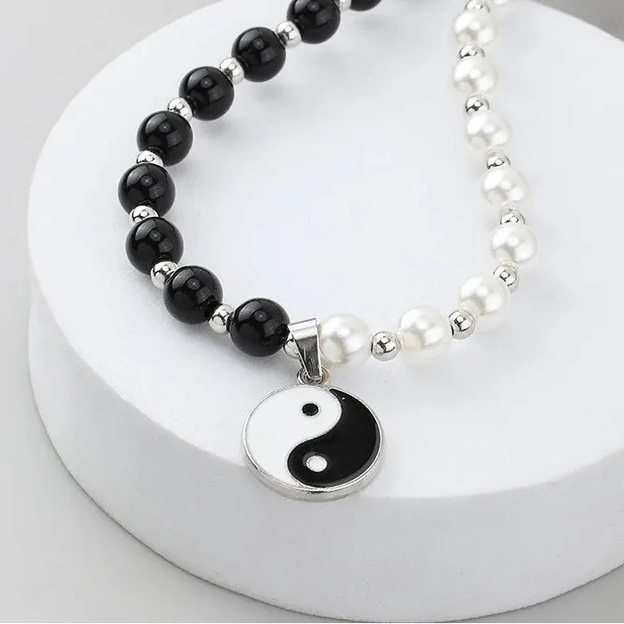 Necklace with Black and White Yin Yang Bead Pendant