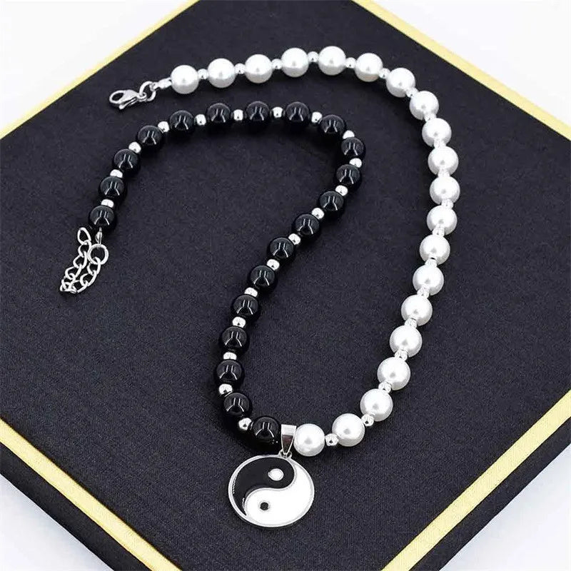 Necklace with Black and White Yin Yang Bead Pendant