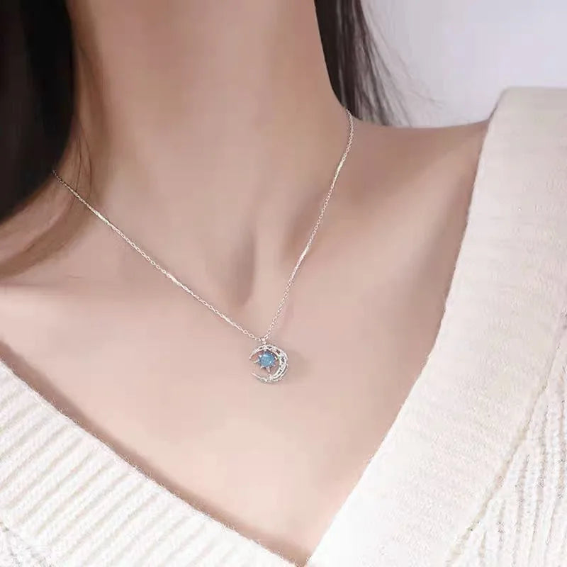 Necklace with Moonstone Star Pendant and Zircon for Women silver