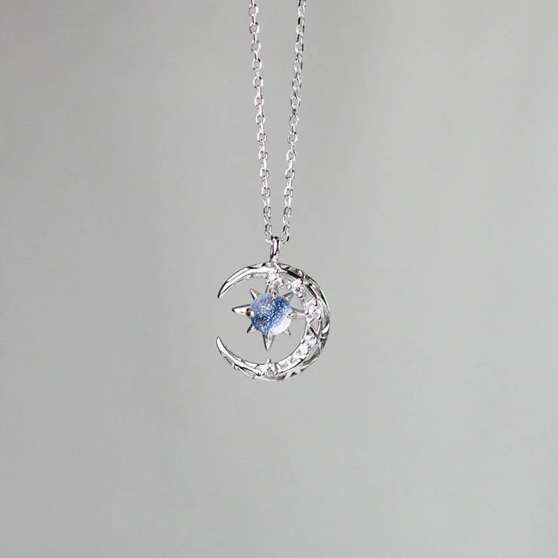 Necklace with Moonstone Star Pendant and Zircon for Women silver