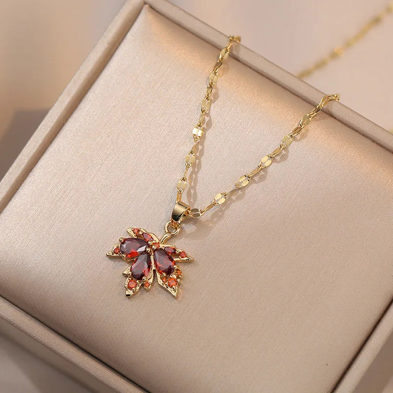 Necklace with Red Colored Maple Leaf Pendant