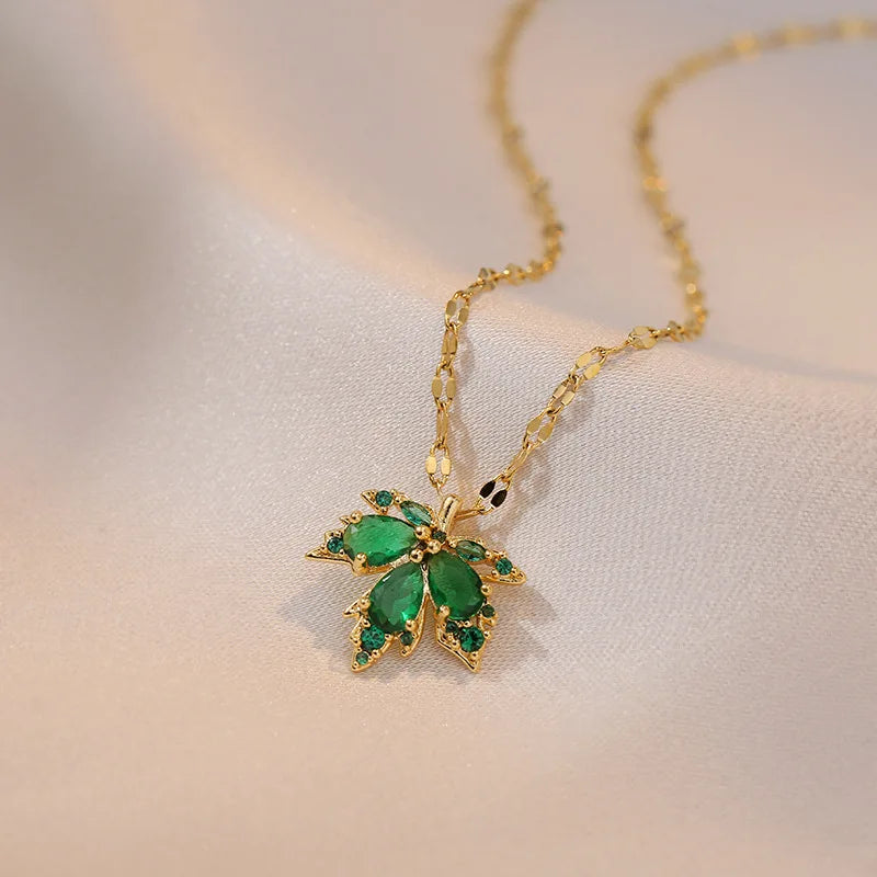 Necklace with Green Colored Maple Leaf Pendant