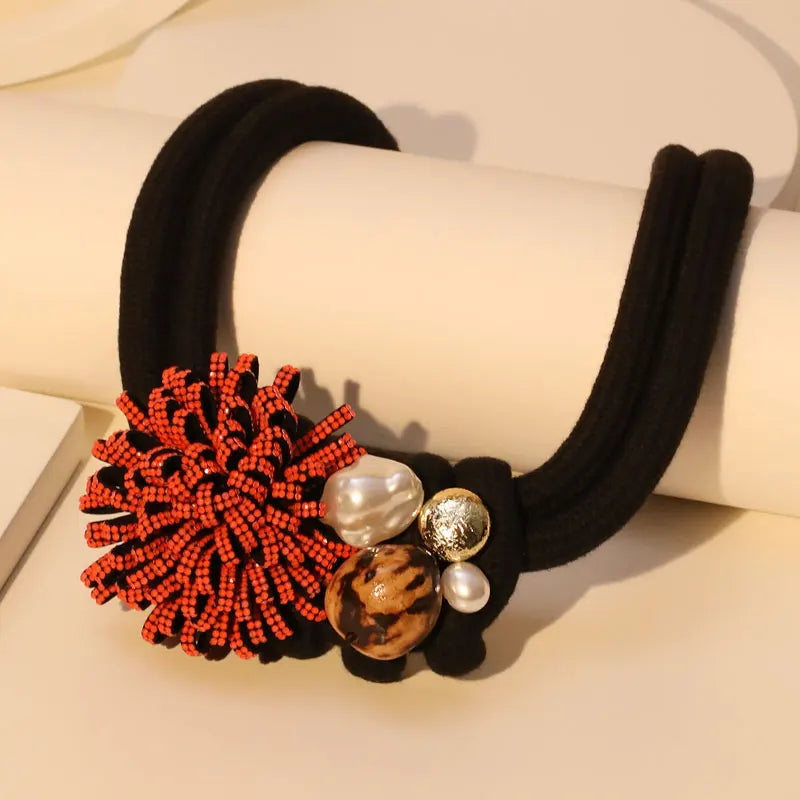 Choker Necklace with Red Flower Pendant and Pearls