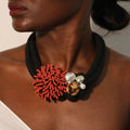 Choker Necklace with Red Flower Pendant and Pearls