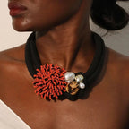 Choker Necklace with Red Flower Pendant and Pearls