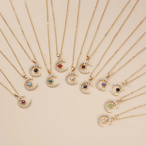 Necklace with Moon Pendant in Rhinestone Birthstone