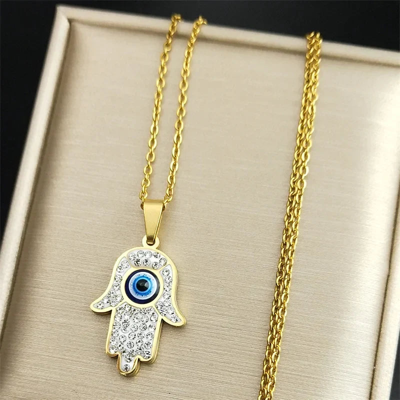 Collier long avec pendentif de protection contre le mauvais œil et main de Fatma arabe or