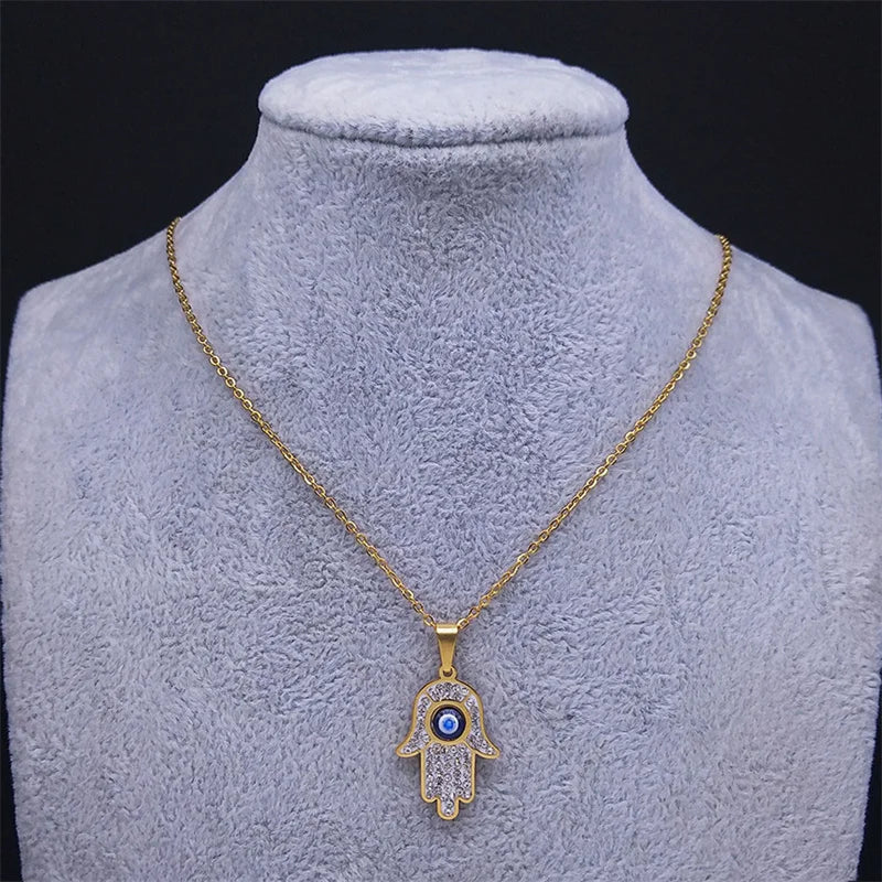 Collier long avec pendentif de protection contre le mauvais œil et main de Fatma arabe