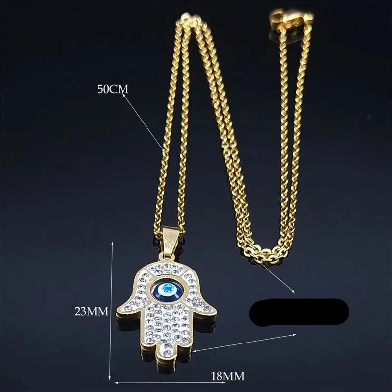 Collier long avec pendentif de protection contre le mauvais œil et main de Fatma arabe