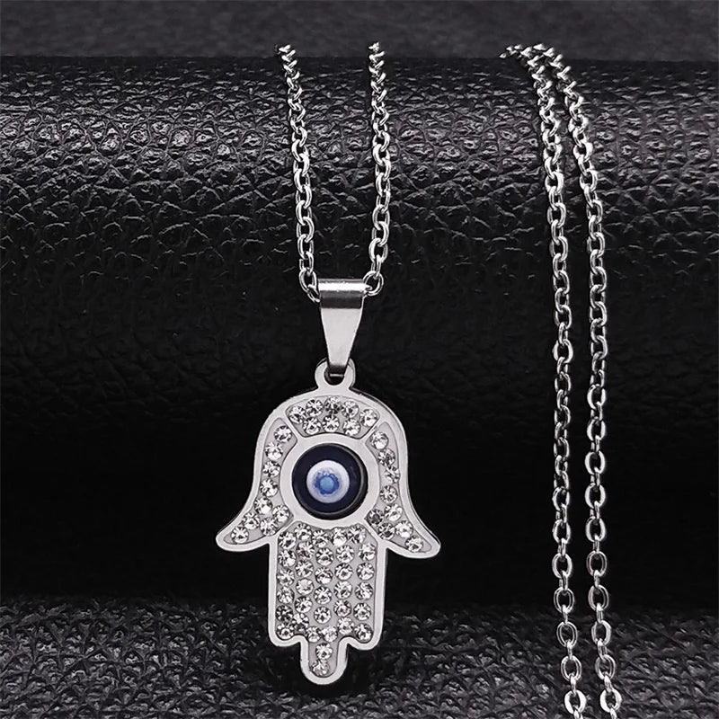 Collier long avec pendentif de protection contre le mauvais œil et main de Fatma arabe argent