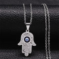 Collier long avec pendentif de protection contre le mauvais œil et main de Fatma arabe argent