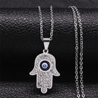 Collier long avec pendentif de protection contre le mauvais œil et main de Fatma arabe argent