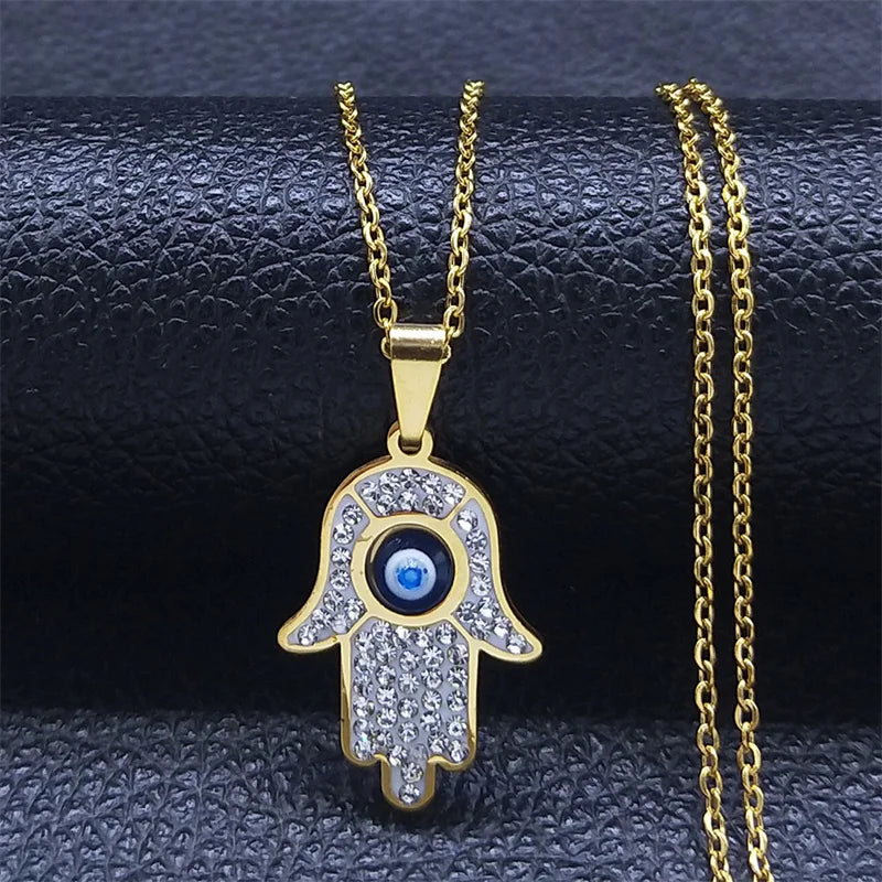 Collier long avec pendentif de protection contre le mauvais œil et main de Fatma arabe or