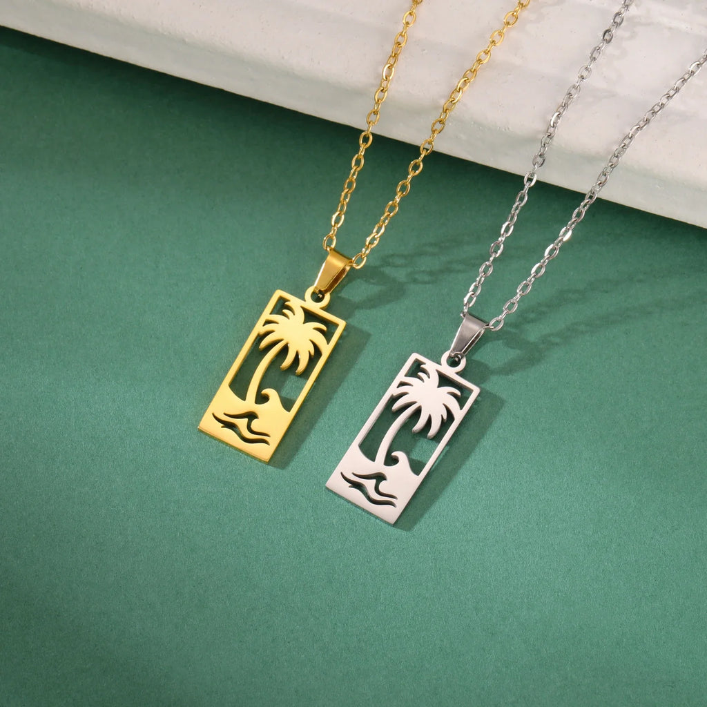Collier avec pendentif palmier et vague de plage or