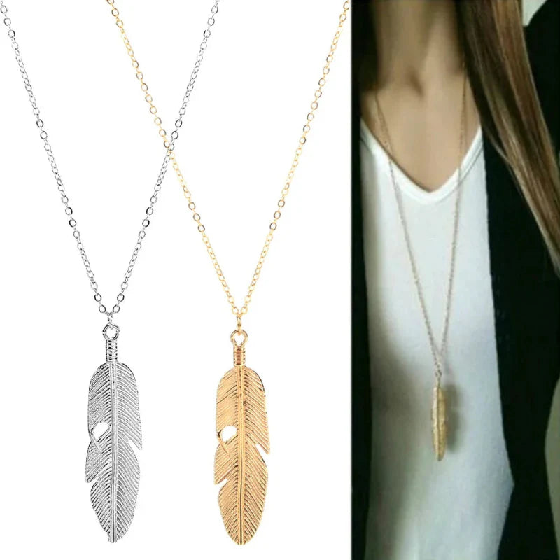 Necklace with Feather Pendant for Men or Women gold