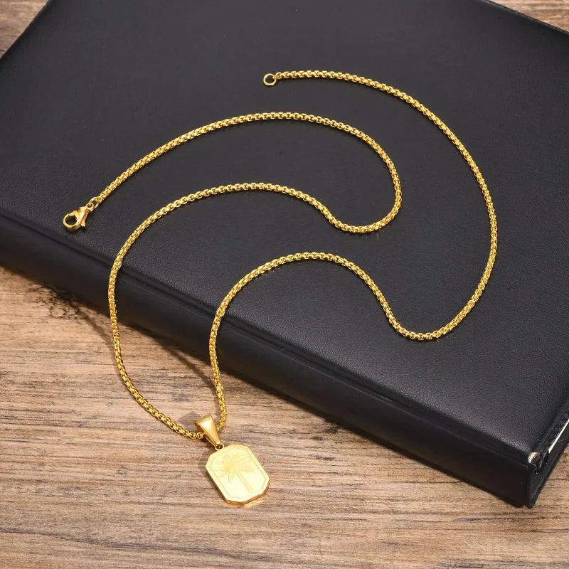 Necklace with Gold Rectangular Palm Tree Pendant