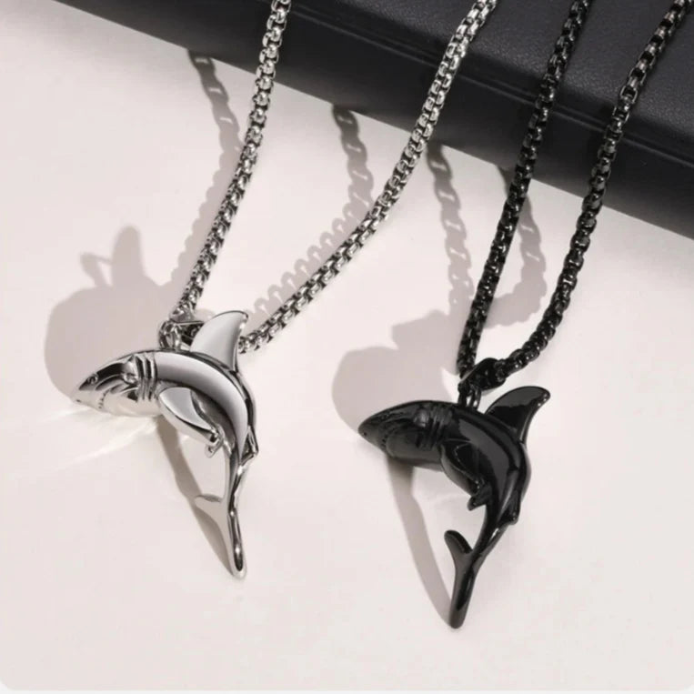 Black Men's Necklace with Shark Pendant