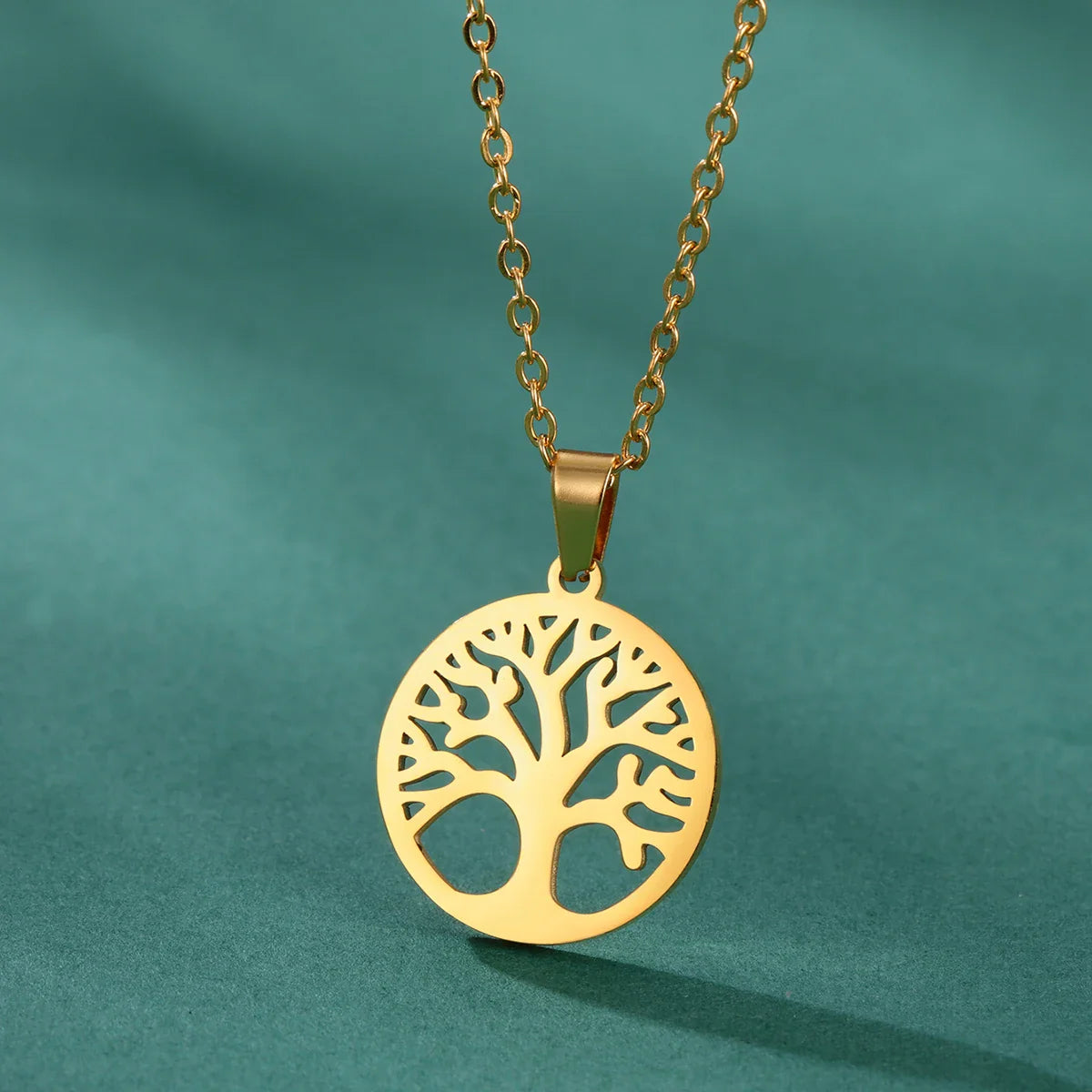 Necklace with Round Tree of Life Pendant for Men or Women gold