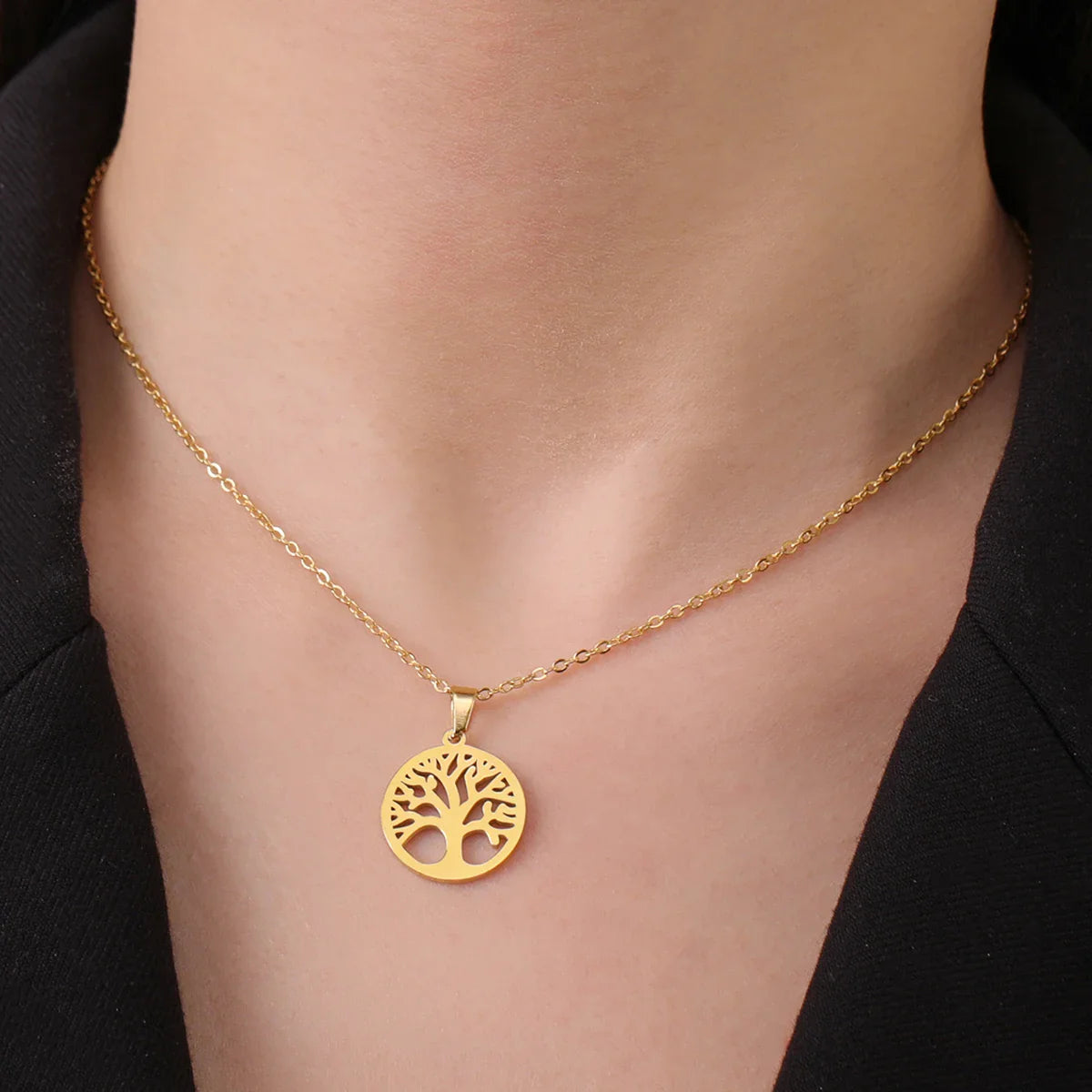 Necklace with Round Tree of Life Pendant for Men or Women gold