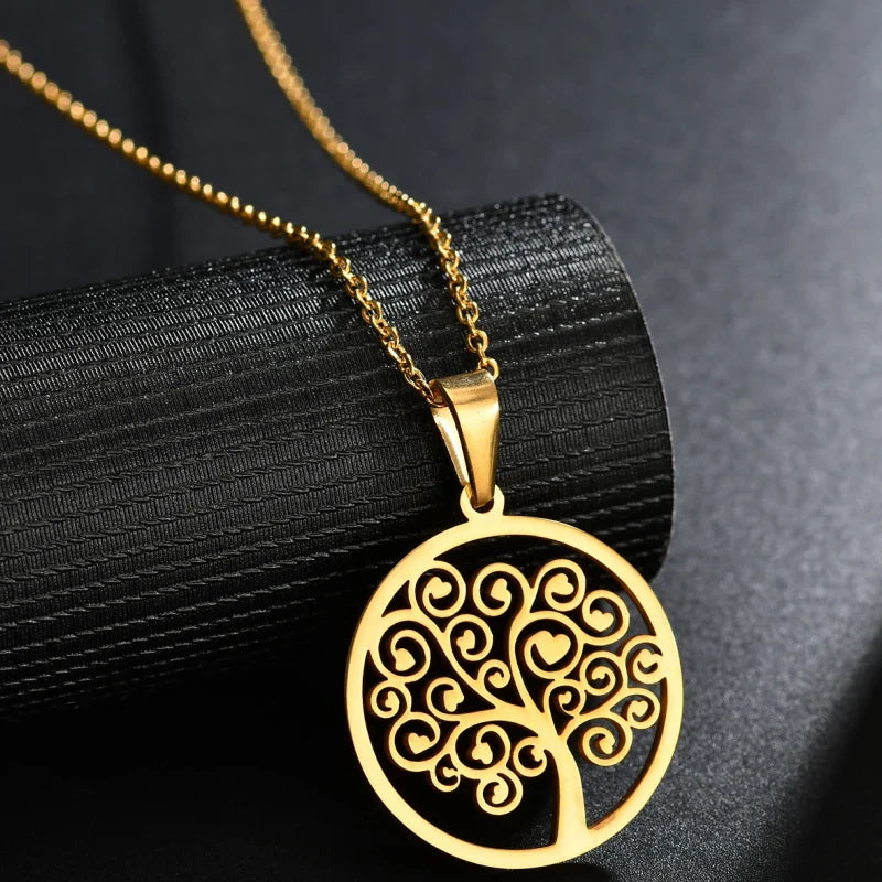 Necklace with Round Tree of Life Pendant for Women gold
