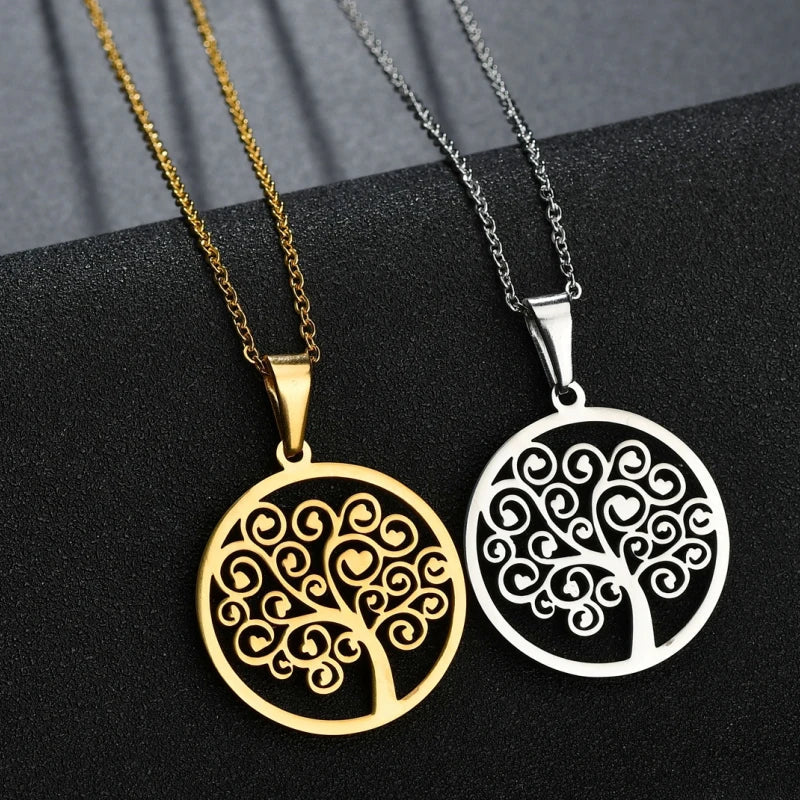 Necklace with Round Tree of Life Pendant for Women silver