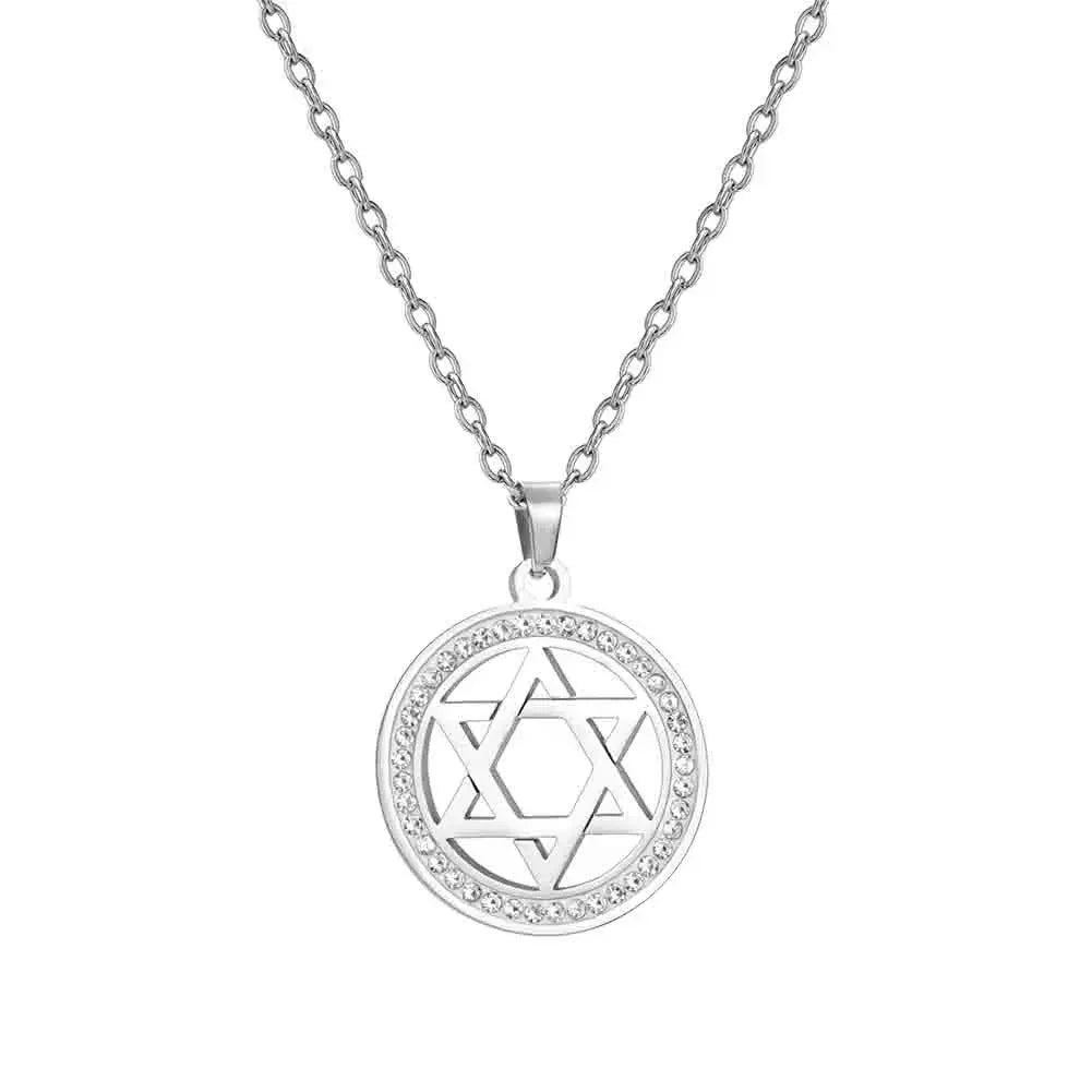 Collier avec pendentif rond avec symbole juif étoile de David argent