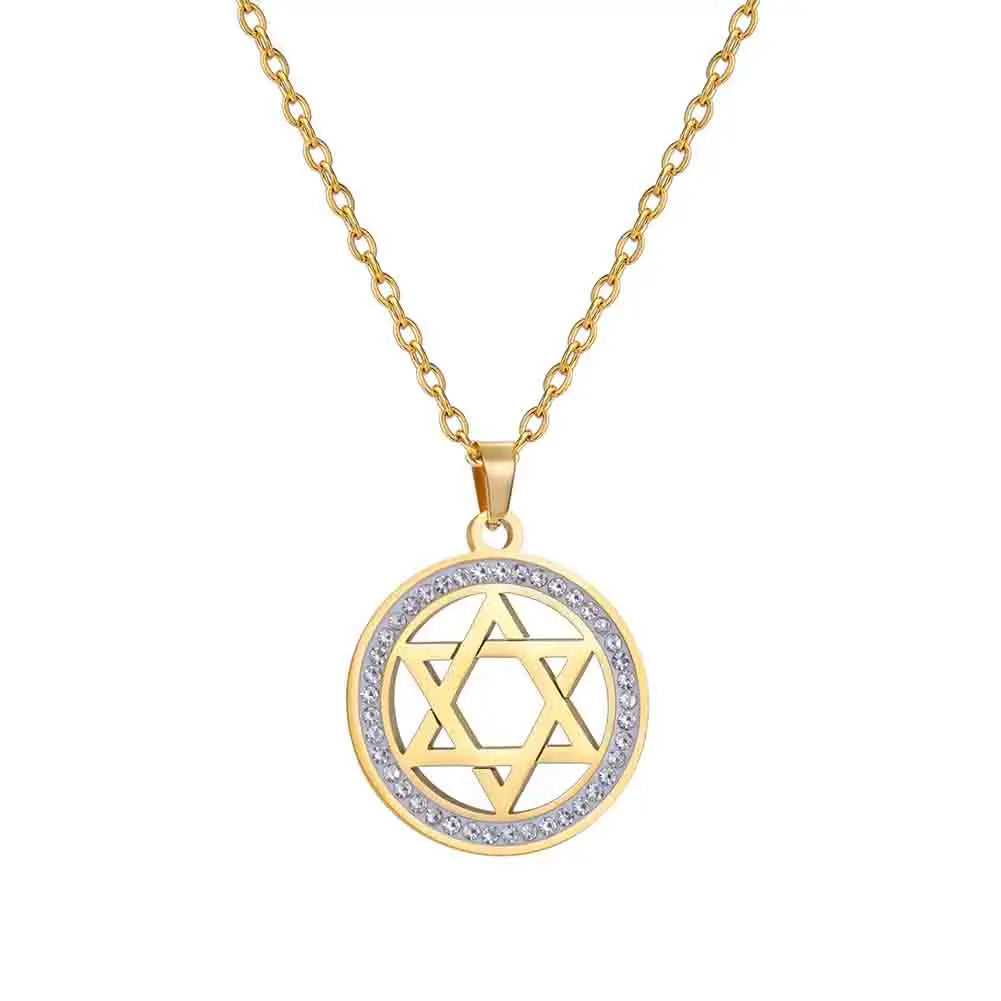 Collier avec pendentif rond avec symbole juif étoile de David or