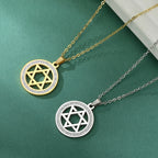 Collier avec pendentif rond avec symbole juif étoile de David or