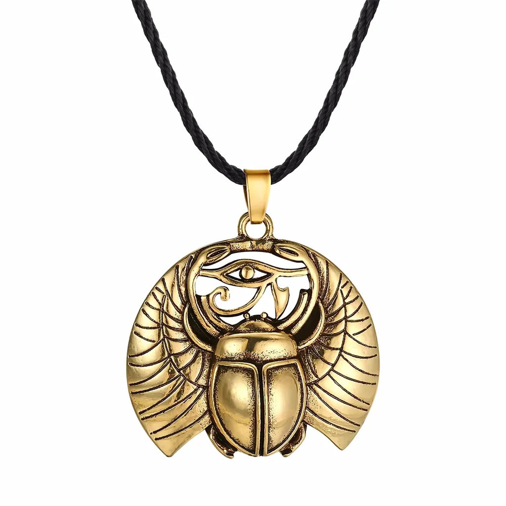 Necklace with Gold Egyptian Scarab and Eye of Horus Pendant