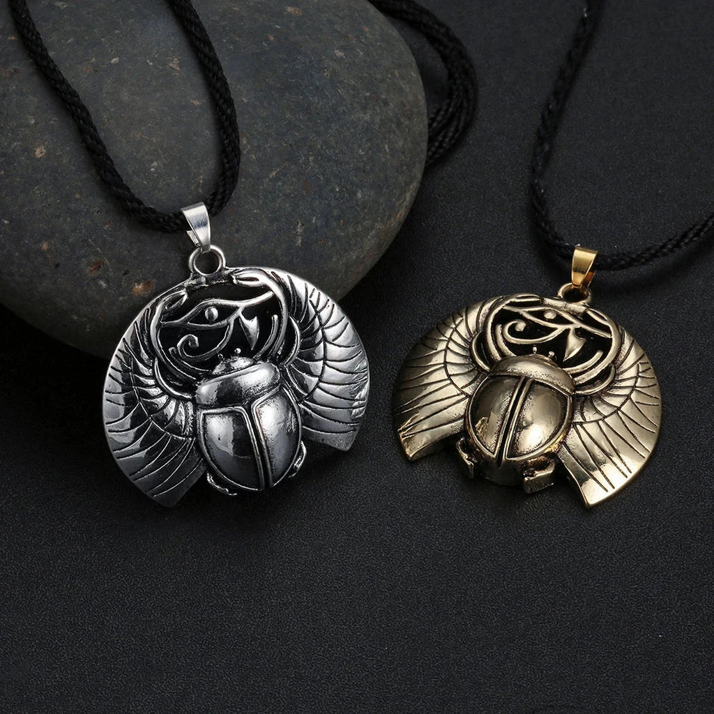Necklace with Silver Egyptian Scarab and Eye of Horus Pendant