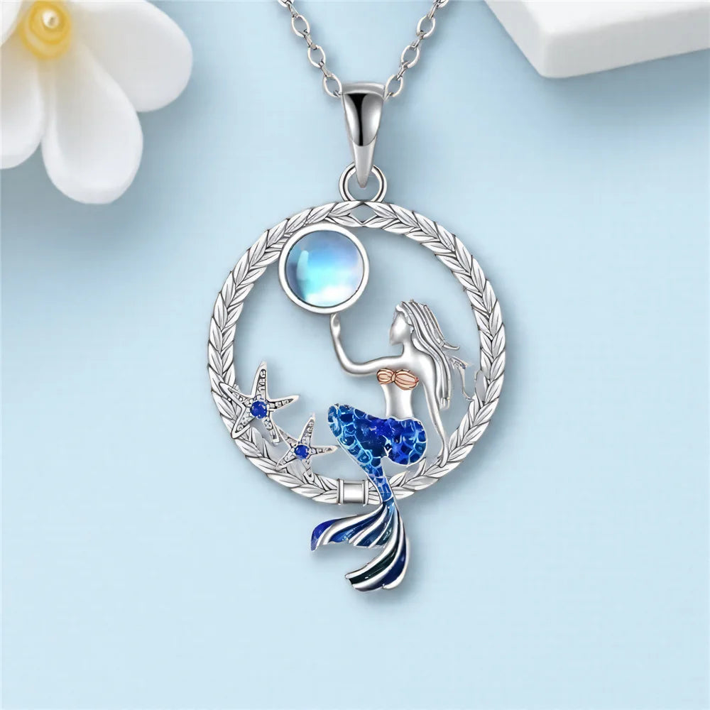 Necklace with Mermaid Pendant with Zircon and Moonstone
