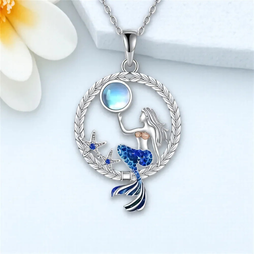 Necklace with Mermaid Pendant with Zircon and Moonstone