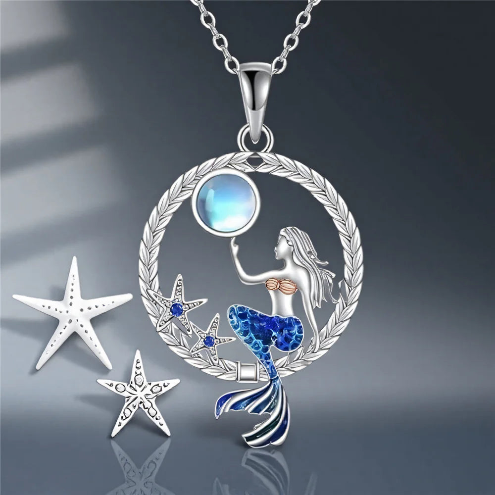 Necklace with Mermaid Pendant with Zircon and Moonstone