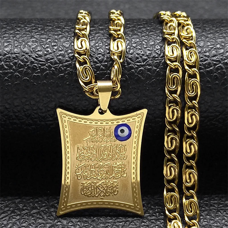 Collier long avec pendentif amulette Ayatul Kursi arabe islam musulman or