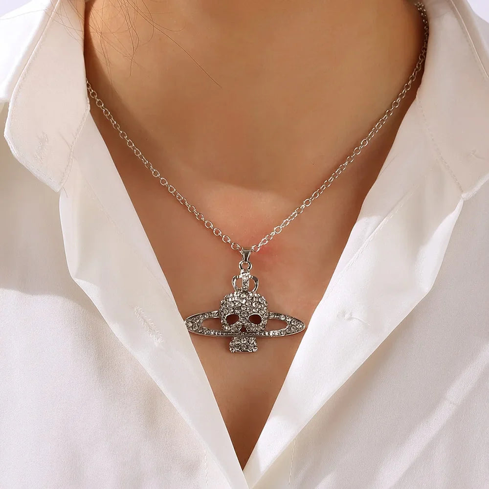 Necklace with Skull Head Pendant in Rhinestones