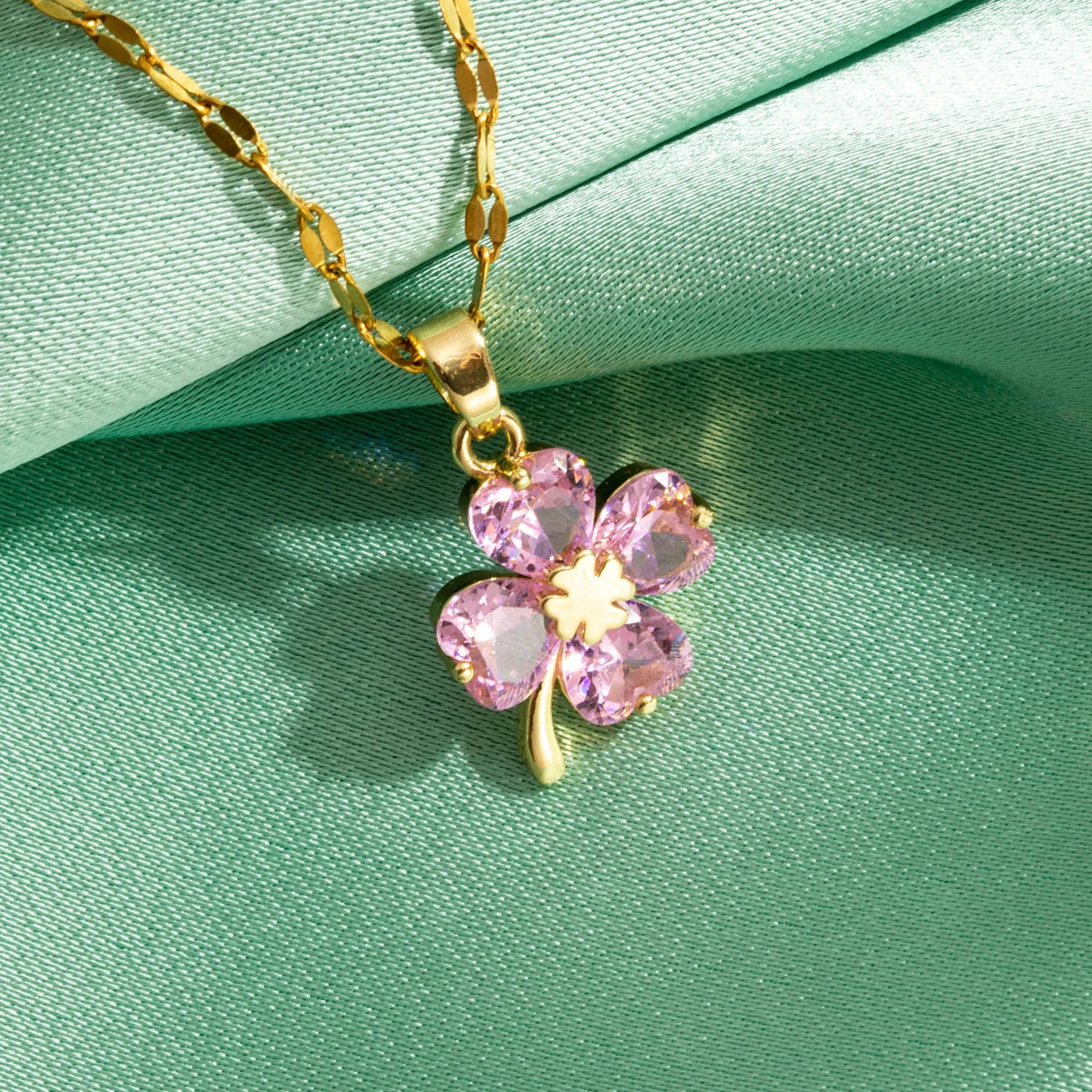 Necklace with Colored Four-Leaf Clover Pendant 