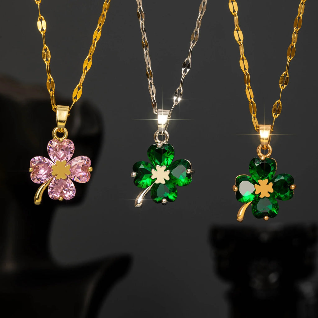 Necklace with Four-Leaf Clover Pendant Colored silver and green