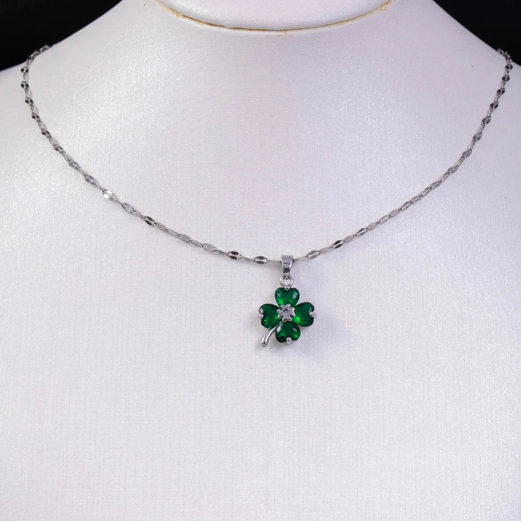 Necklace with Four-Leaf Clover Pendant Colored silver and green