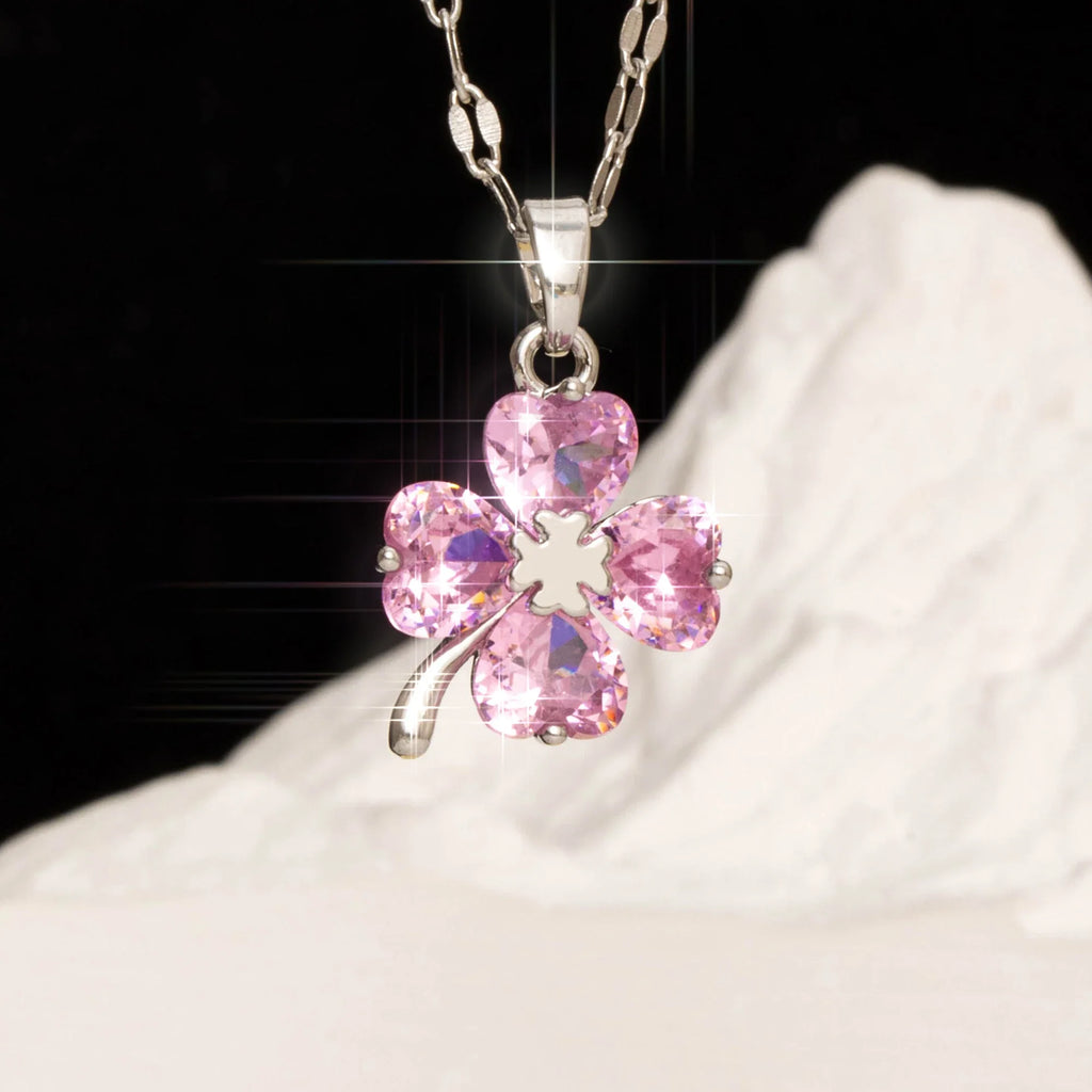 Necklace with Four-Leaf Clover Pendant Colored silver and pink