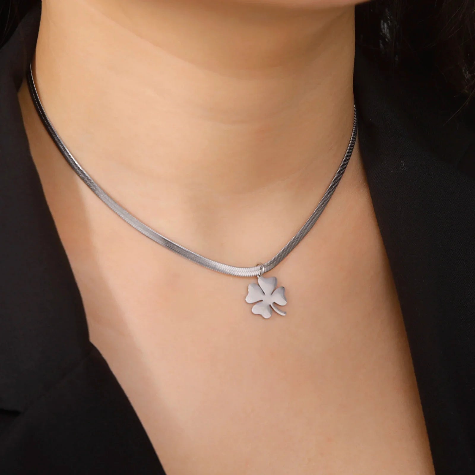 Necklace with Four-Leaf Clover Lucky Charm Pendant silver