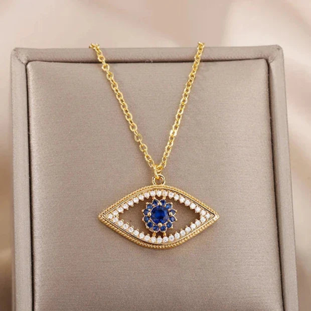 Necklace With Blue Turkish Evil Eye Zircon Pendant Gold