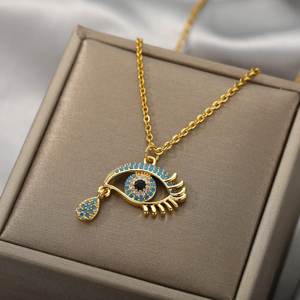 Necklace With Blue Turkish Evil Eye Zircon Pendant That Cries Gold